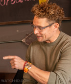 Billy Magnussen wears a Jacob & Co. Epic X Skeleton watch with orange details and orange strap in the AMC series The Audacity.