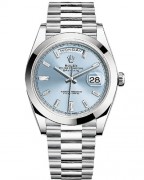 Rolex Oyster Perpetual Day-Date 40, Platinum Case and President bracelet, Ice-Blue dial with diamond hour indicators, ref. 228206.