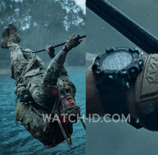 Alan Ritchson wears a Casio G-Shock GW9500-3 Mudman Master of G Land Green watch in the movie War Machine.