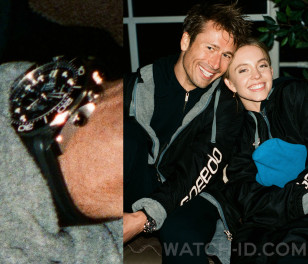 Glen Powell can often be spotted wearing an Omega Seamaster Diver 300m Co-Axial Master Chronometer Chronograph, behind the scenes of the movie Anyone But You.