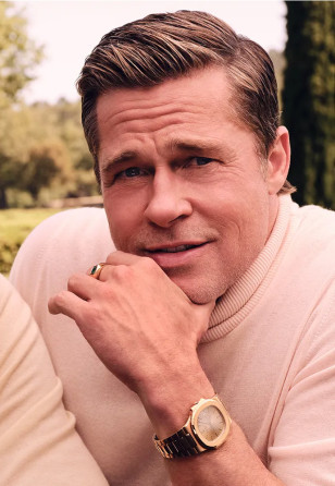 Brad Pitt wears his own vintage Patek Philippe Nautilus watch in the August 2024 GQ Magazine feature.