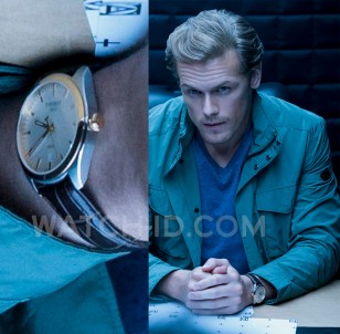 Sam Heughan wears a Tissot PR100 T101.410.260.31.00 watch in the movie The Spy Who Dumped Me (2018).